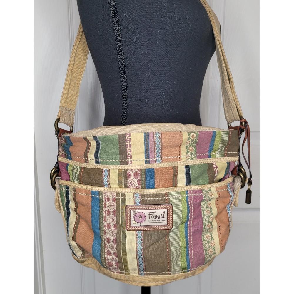 Fossil Striped Crossbody Bag Boho Canvas Shoulder Purse Multicolor Patchwork Zip